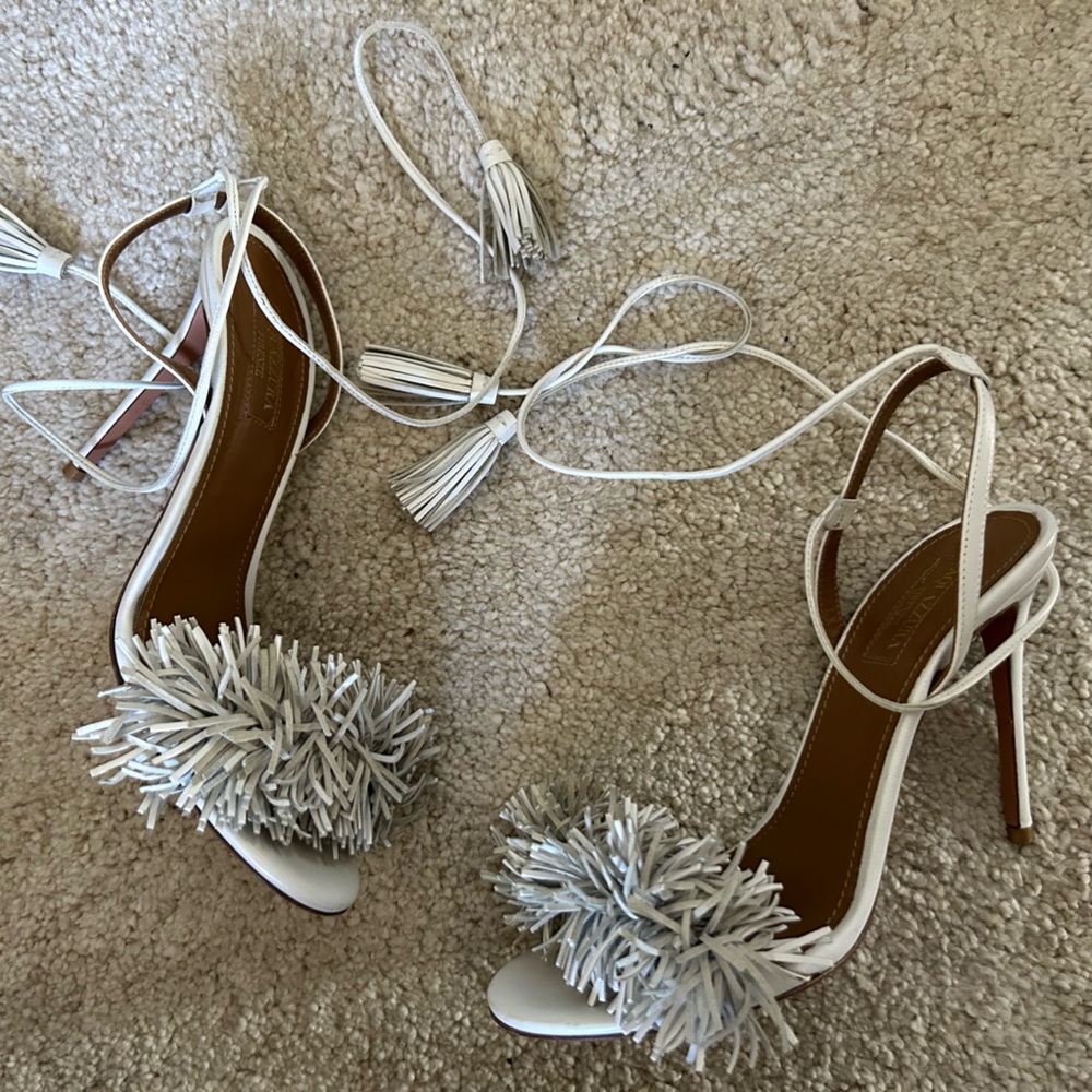 Aquazzura White Leather Tassel Sandal Heel